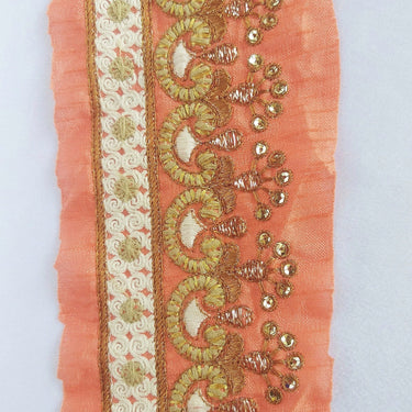 Salmon Pink Art Silk Fabric Trim With Gold Zari Embroidery and Gold Sequins, Trim By The Yard,